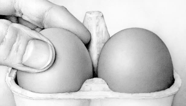 Two Eggs In Carton And Reaching Fingers